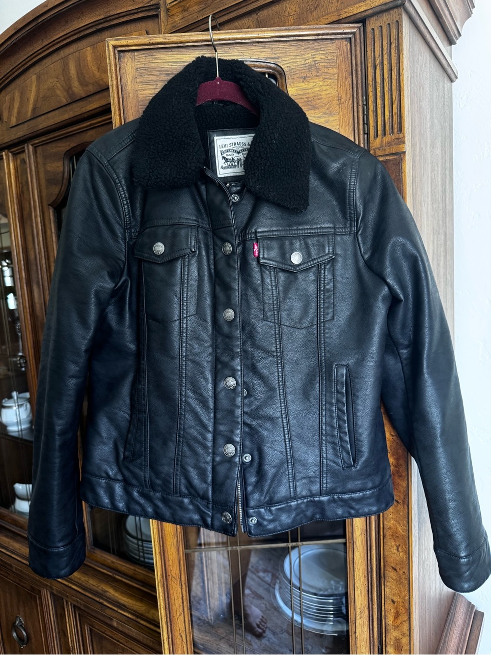 Levi's Black Faux Leather Jacket with Black Sherpa Collar